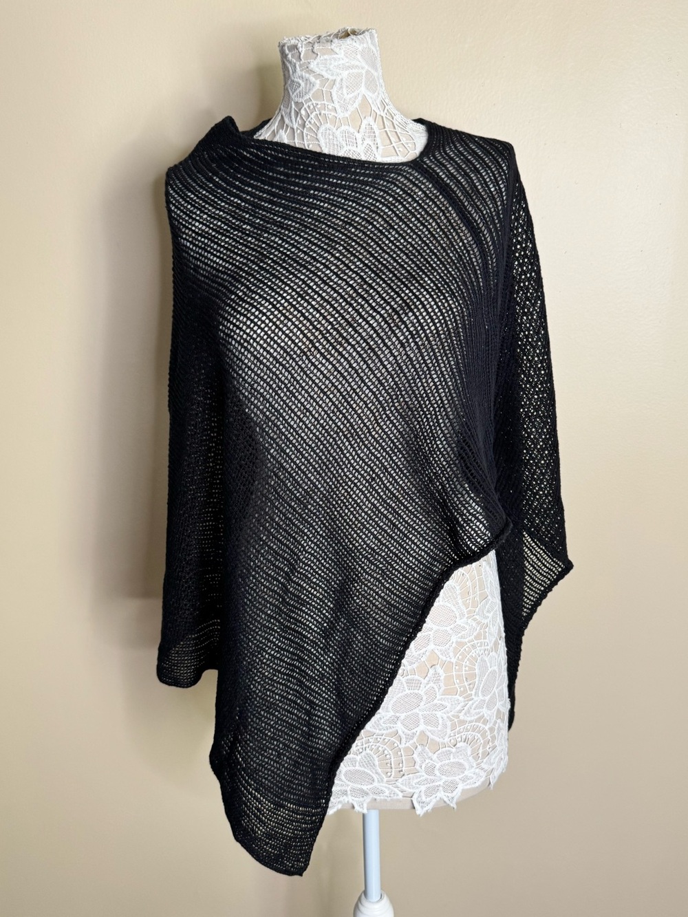 Eileen Fisher Black Organic Linen Blend Asymmetrical Poncho Sweater One Size